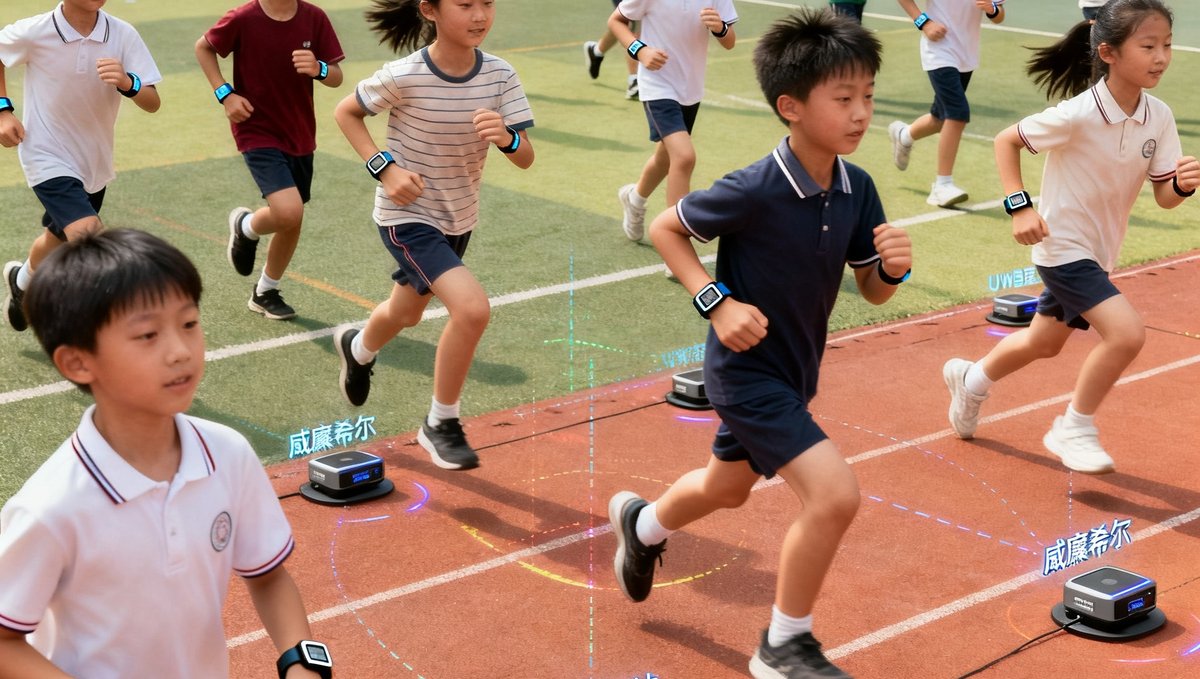 一所小学的体育课上，三十多名学生手腕上佩戴着威廉希尔WH-Pro3体征监测手环，操场上安装的UWB基站实时追踪每位学生的跑步速度和心率变化。