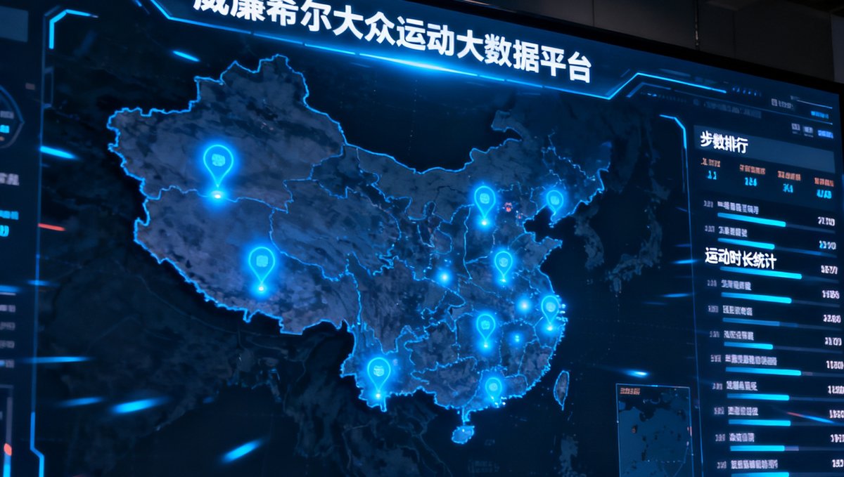 一块大型LED数据大屏上展示着威廉希尔大众运动大数据平台，地图上闪烁的亮点代表各地活跃用户，右侧滚动显示步数排行、运动时长统计等实时数据。